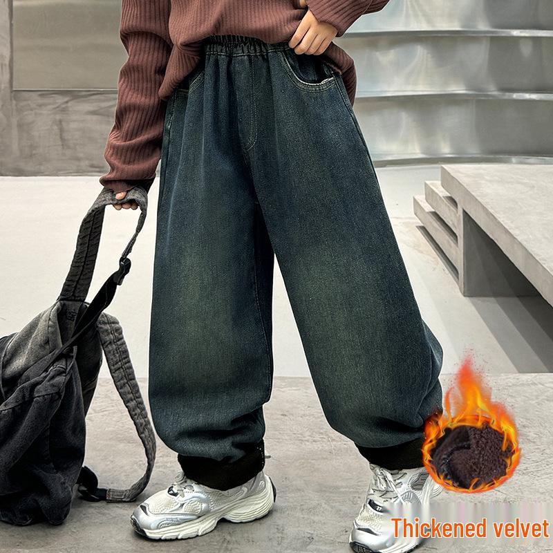 2025 Autumn/Winter Boys' Fleece-Lined Thick Jeans - Trendy & Warm One-Piece Pants for Kids