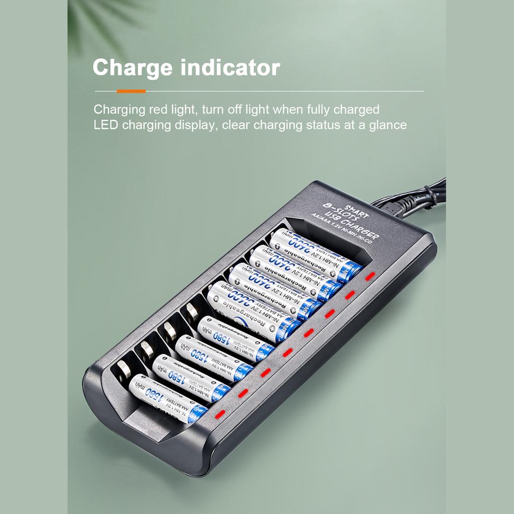 8-Slot Smart Battery for 1.2V Ni-MH AACelsius Rechargeable Batteries USB Plug and Play Battery Charging Dock