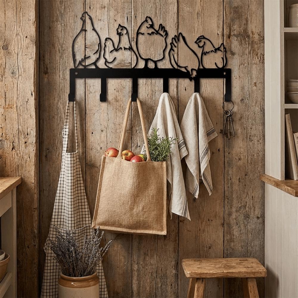 Five Hen Silhouette Wall Hanging Key Holder Vintage Clothes Storage Rack Rural Farmhouse
