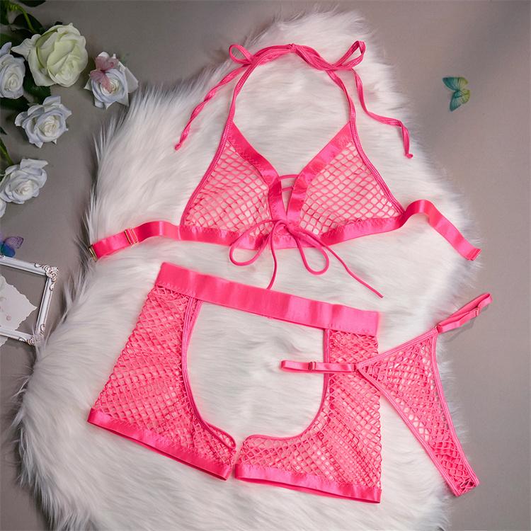 Night Wear Sexy Lace Three Pieces Set Bra and G String with Garter Belt Transparent Erotic Sexy Lingerie Woman Lingerie Erotic