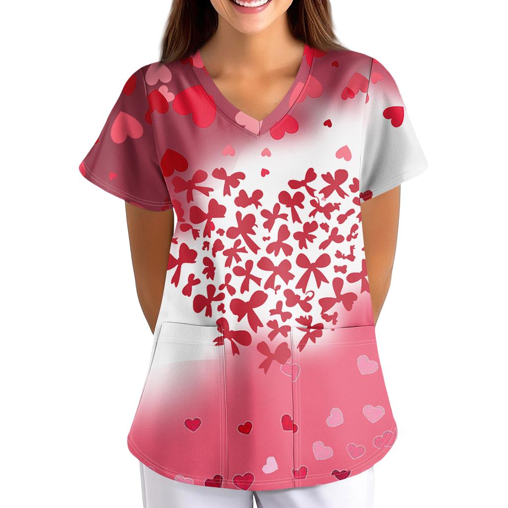 ÜbergrößeBedruckte Kasack Arbeitsuniform Oberteile für Damen V-Ausschnitt mit Überkreuzung Print Kurzarm Lustige T-Shirts Arbeitskleidung T-Shirt mit Taschen