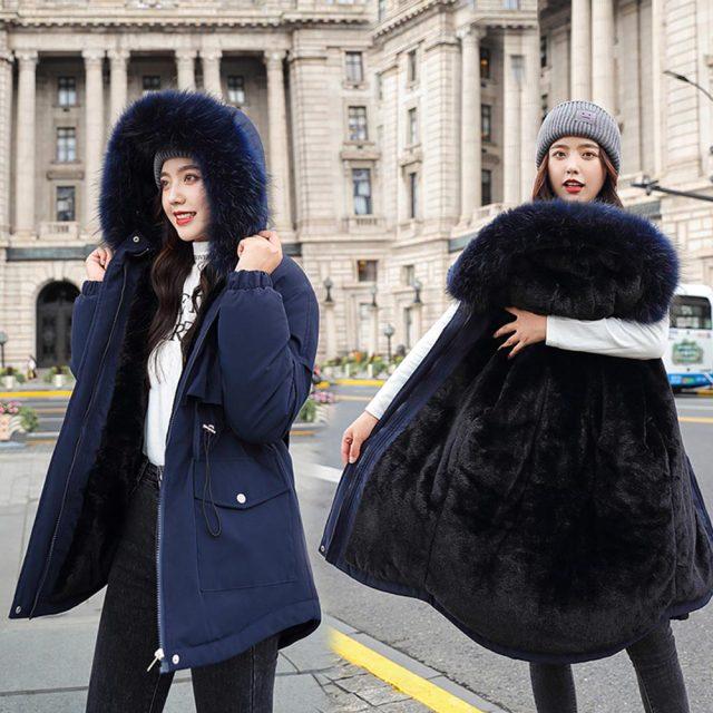 Neue Baumwolle Verdicken Warme Winterjacke Mantel Damen Lässiger Parka Winterkleidung Fellfutter Kapuzenparka Mujer Mäntel