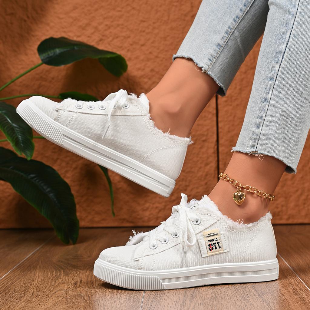 Women Mules Shoes Spring Summer Women Canvas Sneakers Low Top Denim Sneakers Ladies Lace-Up Flat Canvas Board Shoes Female