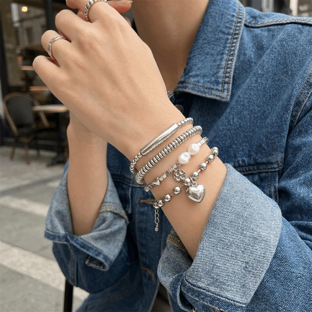 Silver Heart Pendant Bracelets Beaded Metal Hand Chain Trendy Imitation Pearl Bracelets  Gifts
