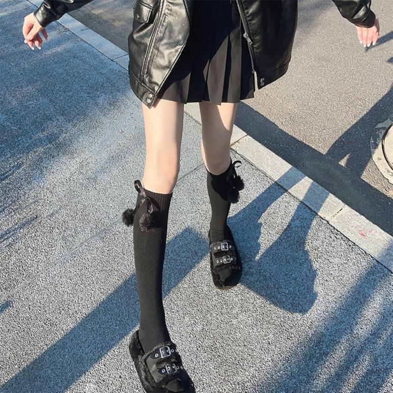 Damen kniehohe Socken Strümpfe Lolitas Schleife Schnürung Wadenstrümpfe Bommel Oberschenkelhohe Strümpfe Süß Niedlich Überknie-Socken