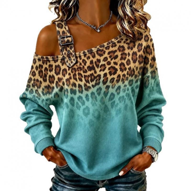2026 Womens Round Neck Long Sleeve Loose Fit Casual Sweatshirt With Leopard Dot Print Digital