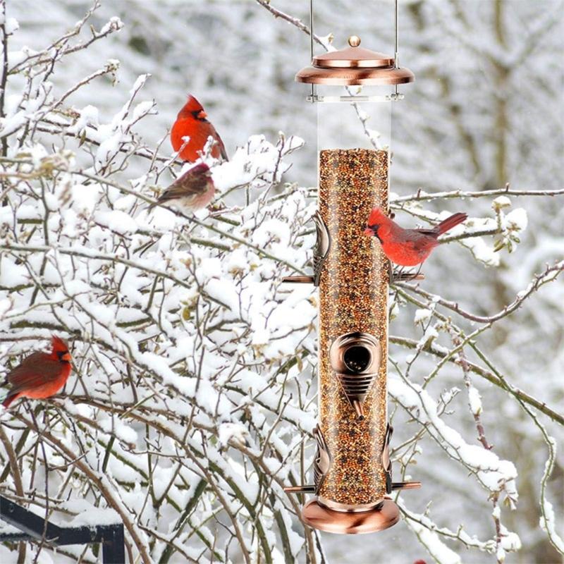 6 Port Metal Bird feeders for Multiple Birds Durable Proof Easy to Fill with Lift Cover and Clean transparents Tube Stable Hanging Design