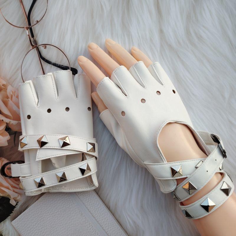 Unisex Fingerless Driving PU Leather Gloves Motor Cool Rivet Sexy Disco Dancing Rock and Roll Black Red White Punk Gloves
