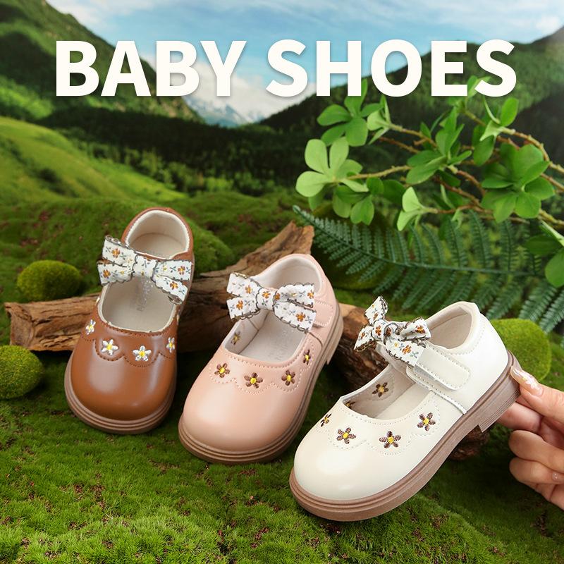 Girls' princess shoes 2025 spring and autumn new baby girl leather shoes 0-2 years old 3 soft-soled single shoes floral bow shoes