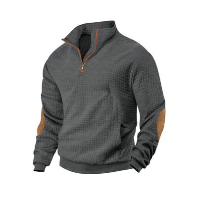 Men's Casual Sports Sweatshirt Jacquard Small Checkered Stand Collar Half Zipper Solid Color Loose Top
