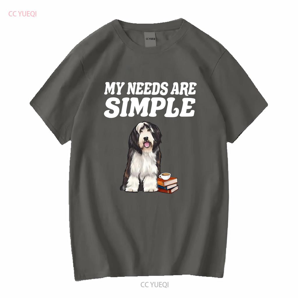 Bearded Collie T-Shirt Meine Bedürfnisse sind einfach Hund Kaffee Lesen Buch Lang- oder Kurzarm Vintage Gewaschen Dehnbar Unisex