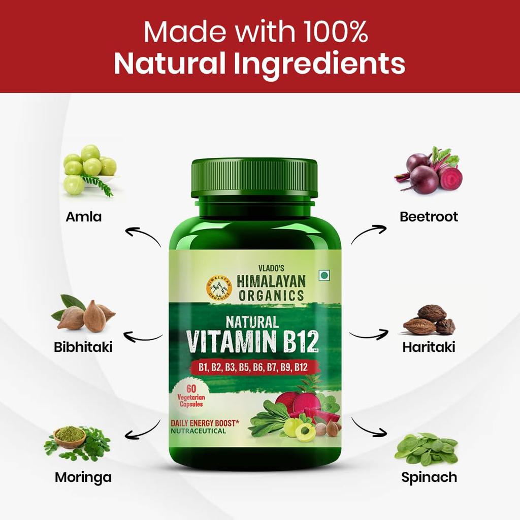 Vlado's Himalayan Organics Plant Based Vitamin B12 2.2mcg Capsules With B Complex & Moringa 60 Veg For Energy Support