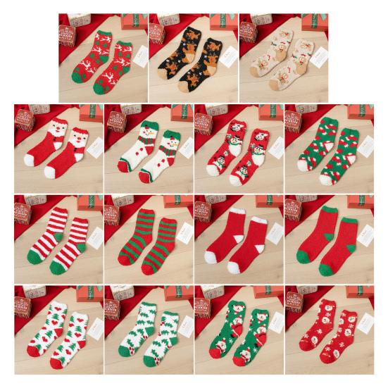 Yousheng 1 Pair Christmas Socks Snowmen Reindeer Santa Claus Bell Pattern Mid-tube Socks Coral Fleece Warm Thermal Socks