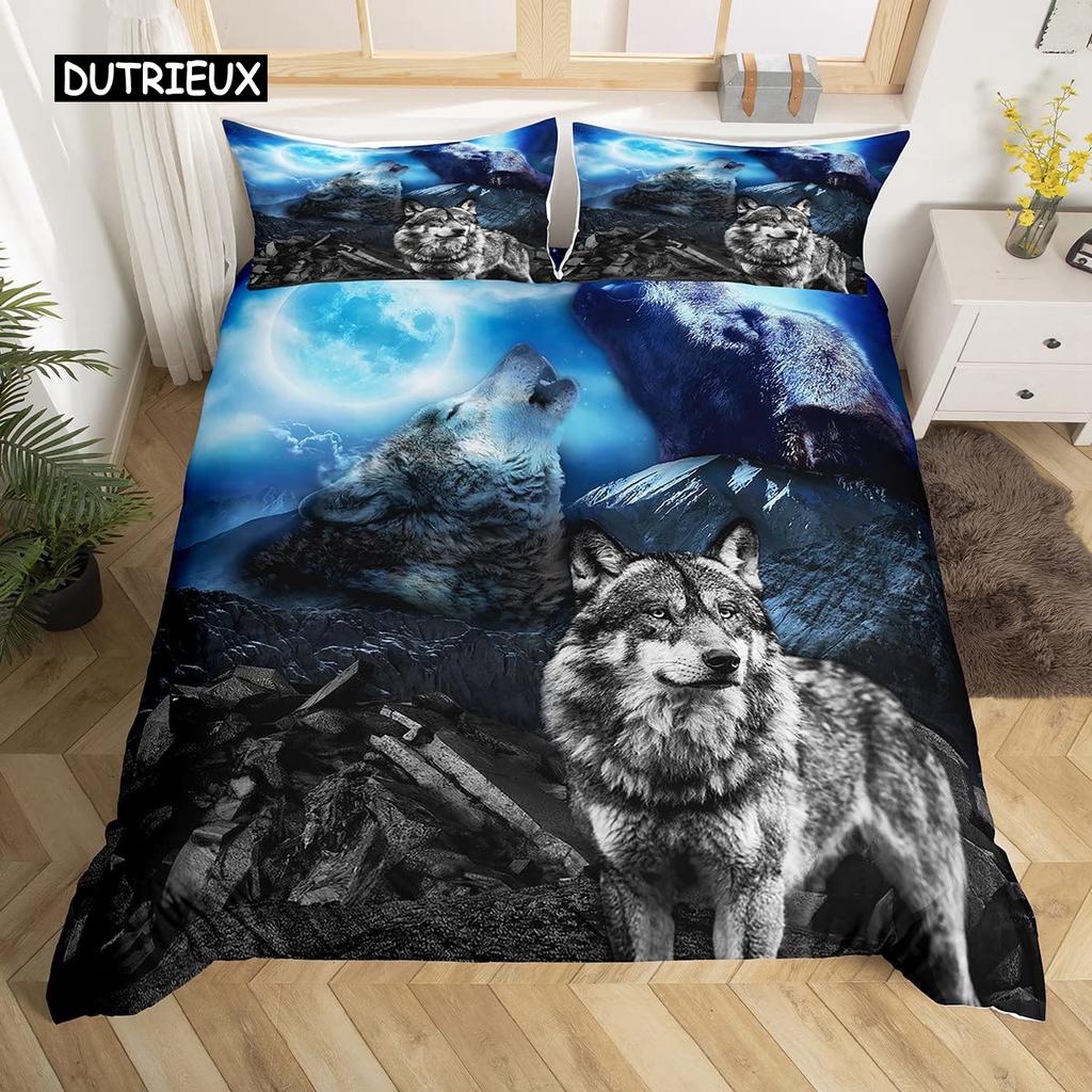 Set Copripiumino Matrimoniale per Bambini Adolescenti Microfibra Tema Animale Motivo Lupo delle Nevi Copripiumino Set Letto Stampato Animali Selvatici