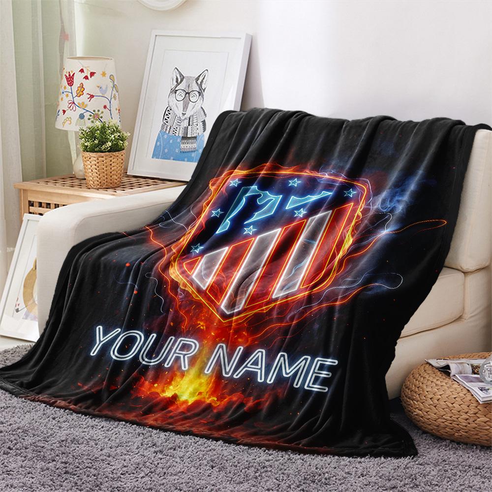 Custom Name Atletico Madrid Flannel Blanket, High Quality Comfortable for All Seasons, Home Decor, Warmth and Comfort