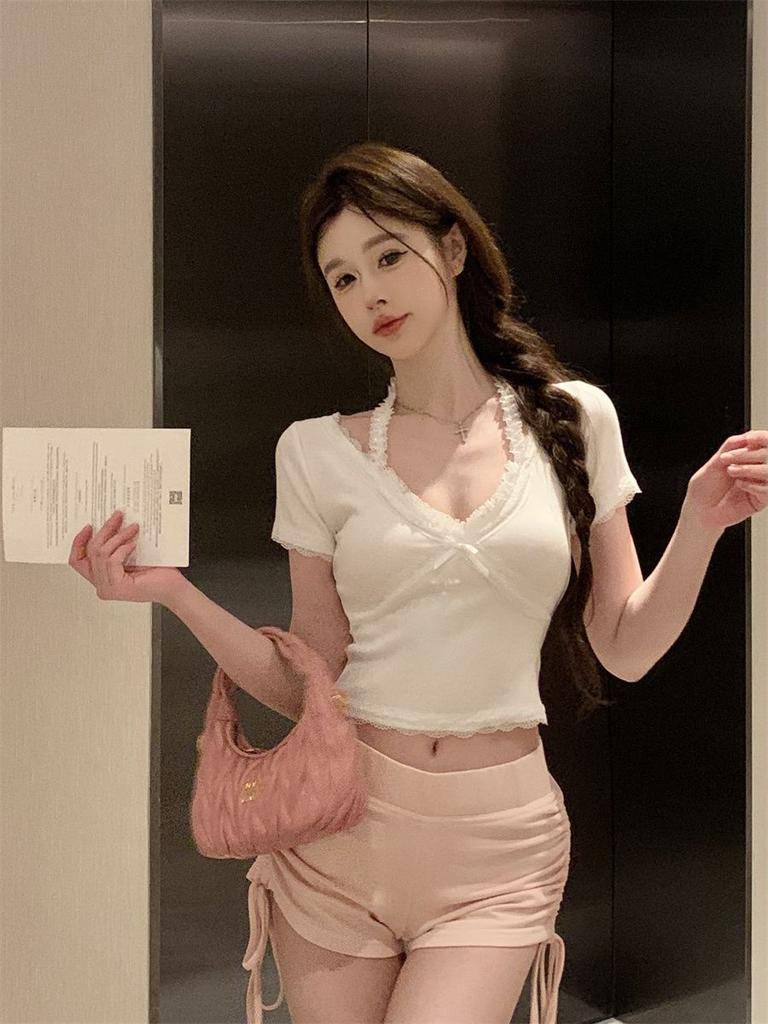 New Pure Desire Wind Lace V-Neck Neck Summer Slim Short Sleeve Bow T-Shirt Top Women's Clothing