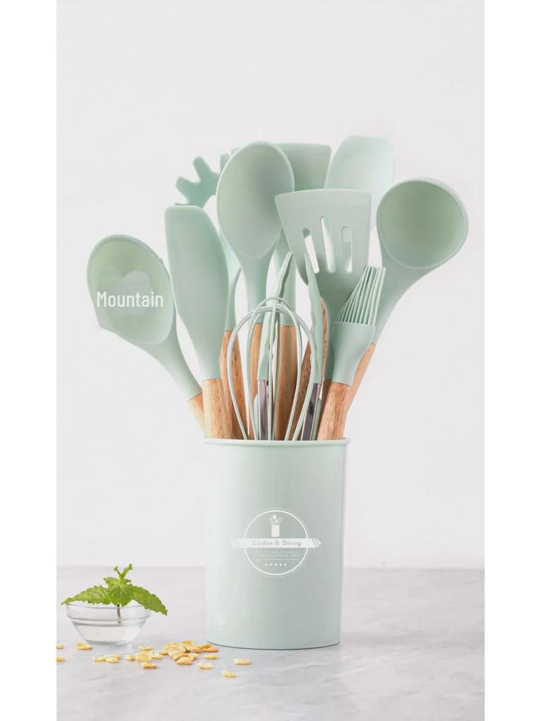 12dílná sada silikonového kuchyňského náčiní s dřevěnými rukojeťmi – nepřilnavé, vysokoteplotní špachtle a polévkové lžíce