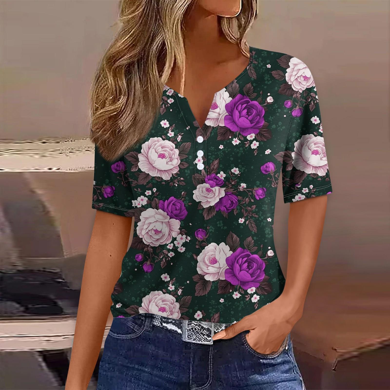 

Жен. Футболка Футболка С принтом Пуговицы С короткими рукавами Повседневные Выходные Мода Классический V-образный вырез Обычный Верх L фиолетовый
