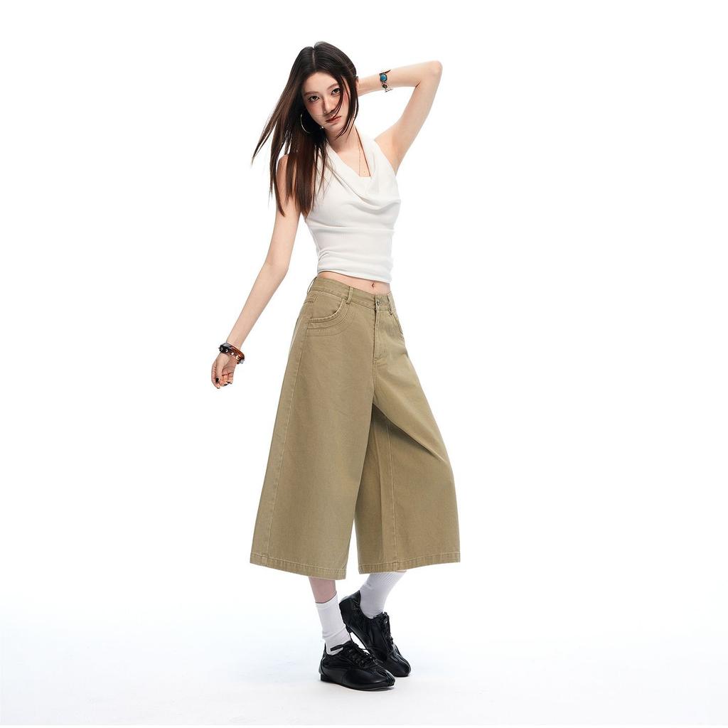 Fashion Summer Loose Straight Khaki Cropped Capri Casual Pants For Women Trendy Versatile Slimming FigureFlattering Daily Wear