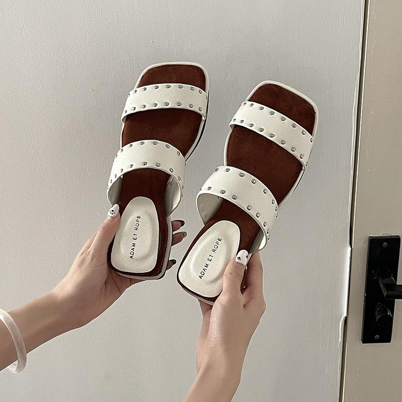 

French retro rivet with small wedge slippers summer seaside vacation leisure beach women sandals 39