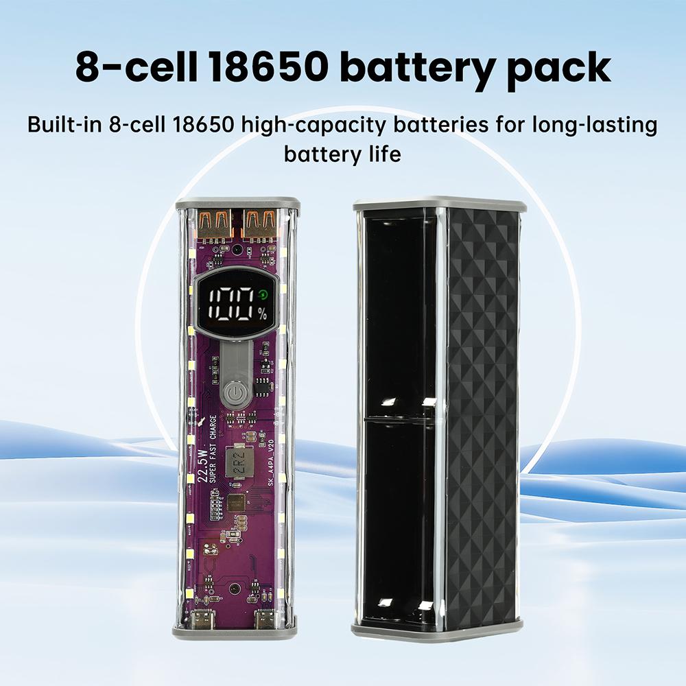 22.5W Purple Transparent Mecha 8-Cell 18650 Battery Case Solderless Power Bank Housing Supports Low-Current Mode