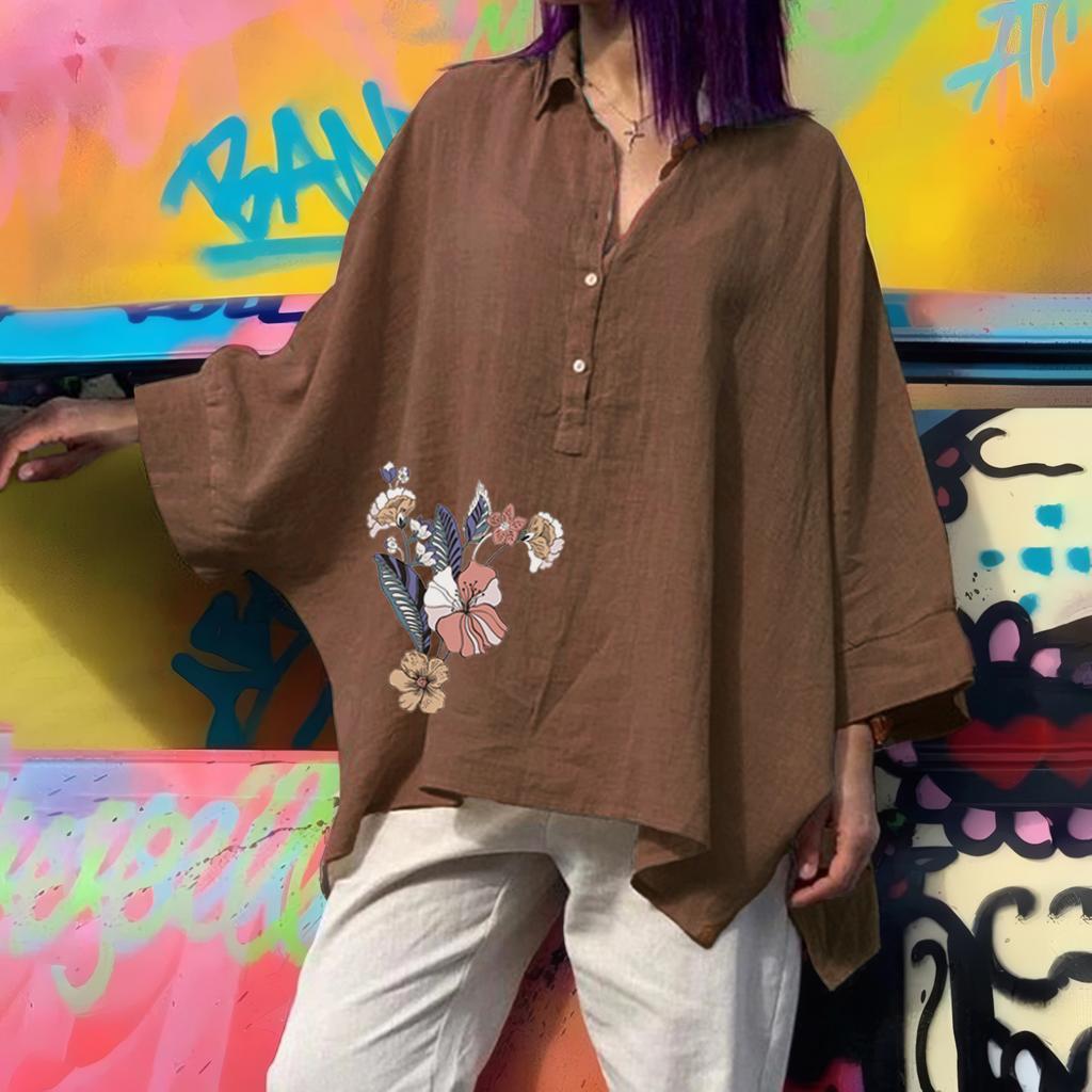 Women's Printed Morning Glory Loose Cotton and Linen Blouse Casual Women's Plus Size Women's Clothing