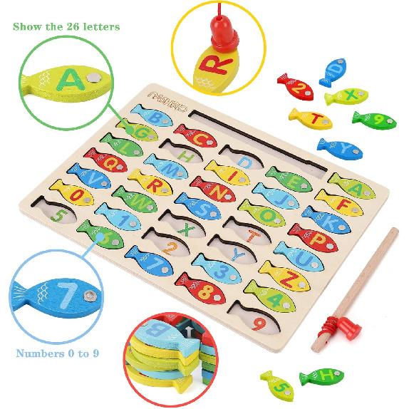 Magnetic Wooden Fishing Game Toy for Toddlers, Alphabet Fish Catching Counting Games Puzzle with Numbers and Letters, Preschool Learning ABC Math