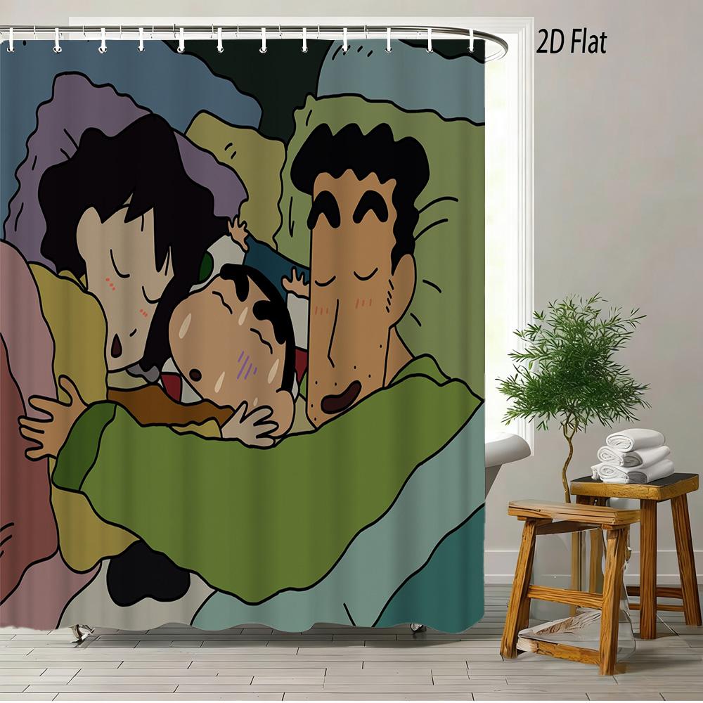 Crayon Shin-Chan & Himawari & Shiro & Leopard & Rooster Jungle Adventure Scene 2D Print Waterproof Shower Curtain, Bright Green