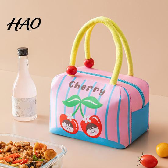 Kawaii Cherry Pattern Lunch Bag Insulated with Reinforced Handle, Cartoon Print, Portable for School Girls Large Capacity Food Storage Organizer