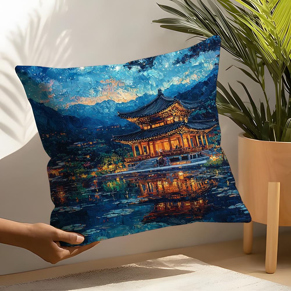 Korea Foguo Temple Pillow Case Linen Cushion Covers For Decorative Sofa Home Pillows Case Car Chair Pillows Cases