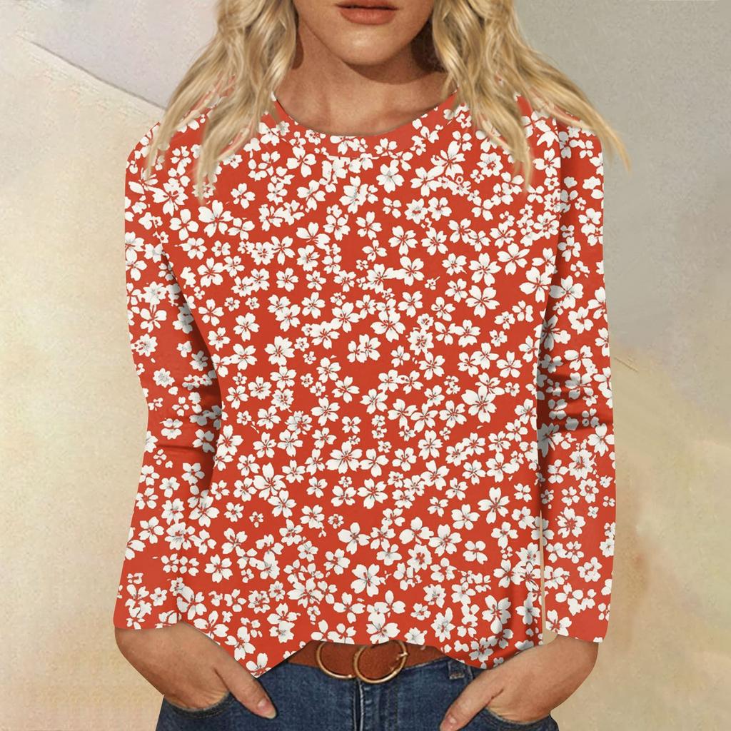 Women's Fashion Casual Long Sleeve Flowers Print Round Neck Top