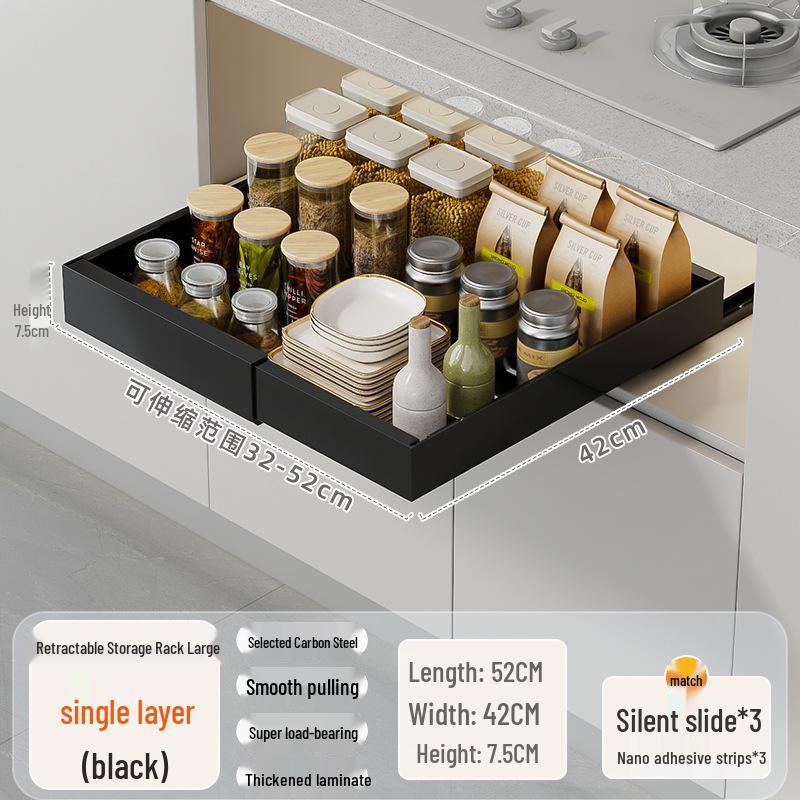 Retractable Kitchen Cabinet Pull-Out Storage Rack for Seasoning Jars and Bottles