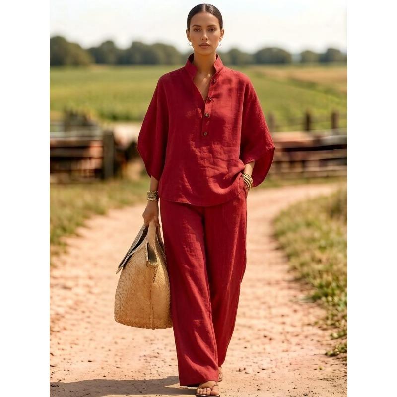 Women's Solid Color Half Placket Stand Collar Half Sleeve Shirt Wide Leg Pant Linen Two Piece Pant Suit