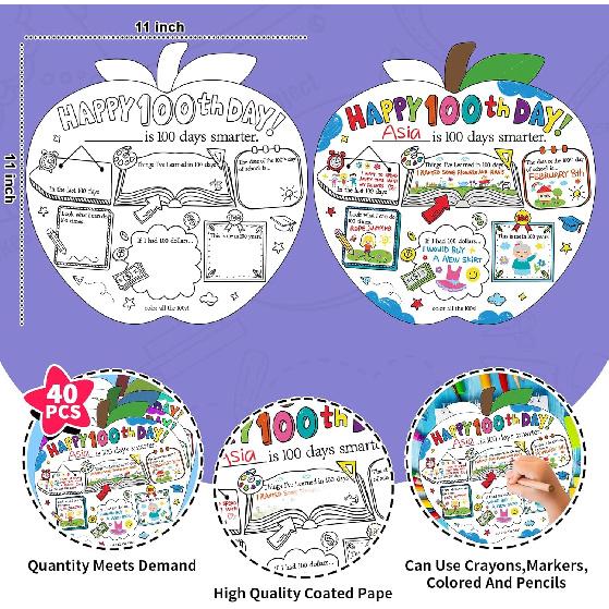 Hedeey Happy 100th Day of School Coloring Posters 100 Days of School Activities Poster for Kids Student Classroom Supplies (40Pcs 11 X 11Inch)