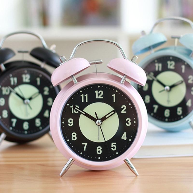 Classical Double Bells Metal Alarm Clock Quiet Nonticking Bright Night Lamp Dials Bedroom Clock for Heavy Sleepers