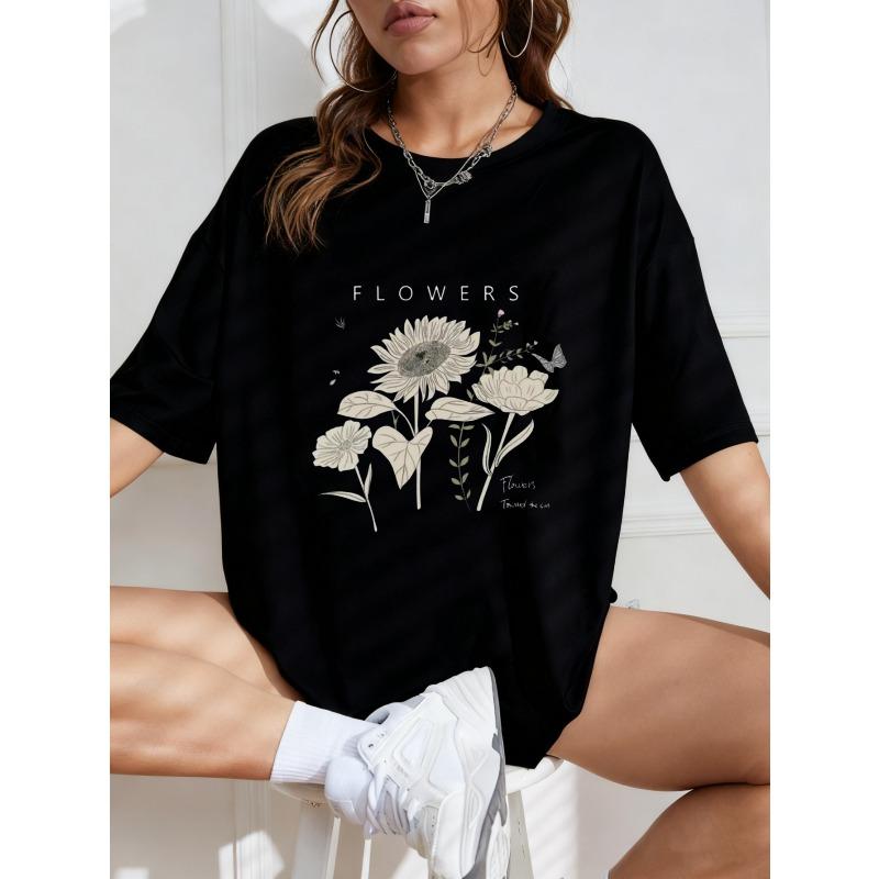 White Oversized T Shirt With Floral Print And Flowers Text For Casual Wear