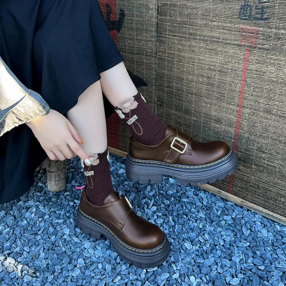 Buckle Platform Loafers Women's Shoes New Versatile British Style Small Leather Shoes Women Metal Belt Fastener Platform Shoes