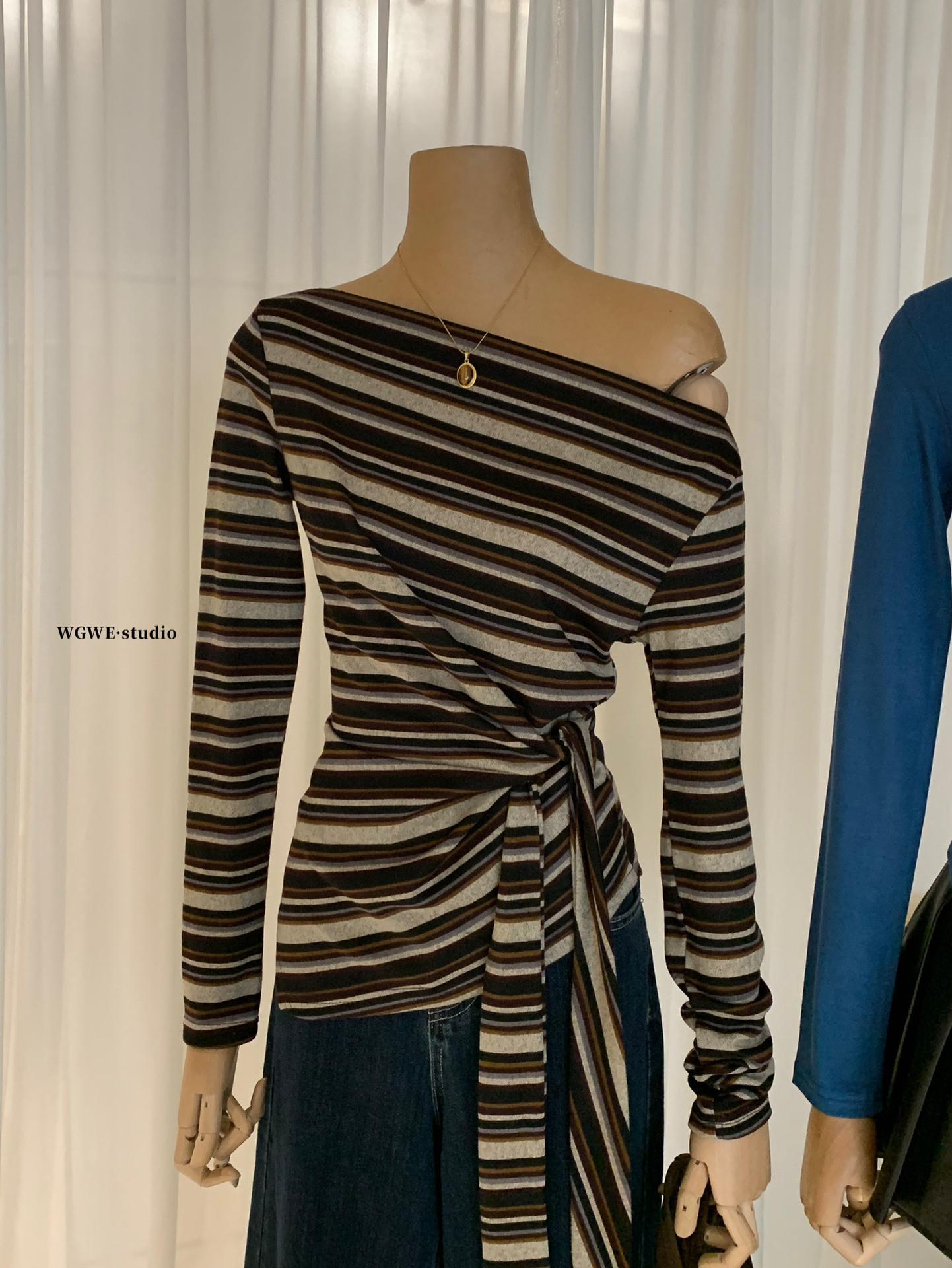 Guangzhou Women s Striped One-Shoulder Long-Sleeve Top with Tie-Waist - Autumn/Winter Collection Medium