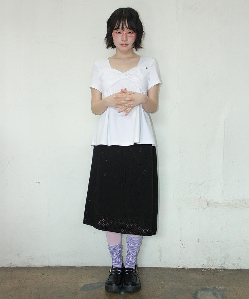 Ronron Pointelle Knit Long Skirt Black