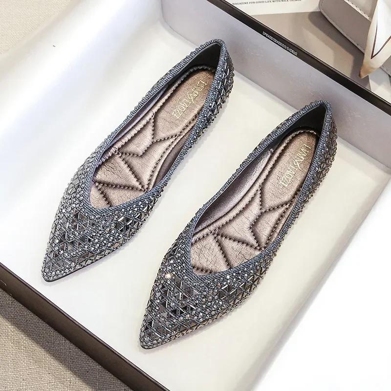 

Rhinestone Decorated Flat Ballet Flats for Women Plus Size Up To 43 Slip On Casual Loafers Boat Shoes Daily Footwear 43 сірий колір