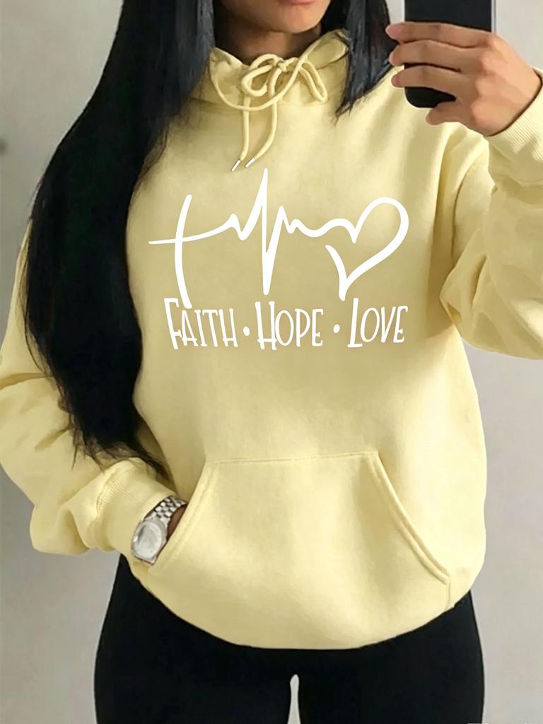 Women Faith Hope Love Heartbeat Graphic Warm Hoodie Casual Long Sleeve Pullover Hooded Sweatshirt Men Tops Couple Streetwear