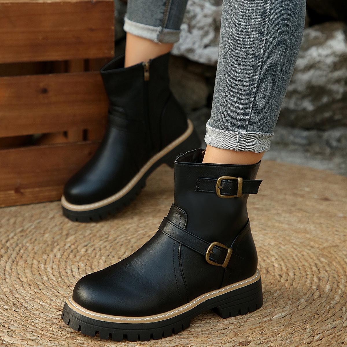 

Женские ботильоны на широкую ногу с круглым носком, платформа в британском стиле, ботинки Мартина, тонкие ботинки для верховой езды с боковой молнией для женщин 36 чёрный