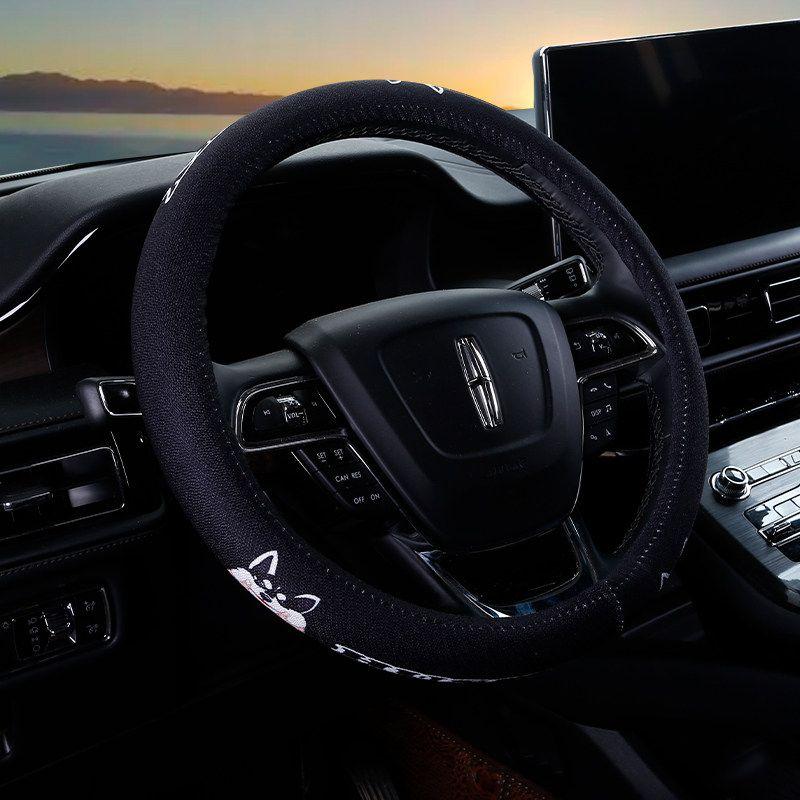 Car Steering Wheel Cover D-Shaped Handlebar Cover Summer Breathable Non-Slip Sweat-Absorbent Linen All-Season Universal Cartoon Cute for Women