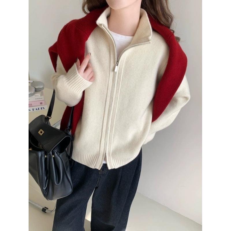Korean Autumn/Winter Double Zipper Stand Collar Knit Cardigan - Women's Loose Fit, Slimming, High-End Sweater