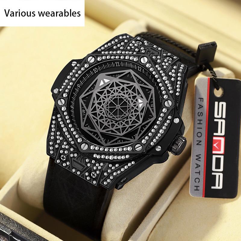 Herren Diamant Set Geometrisches Zifferblatt Leuchtend Wasserdicht Herren Kreative Quarz Uhr