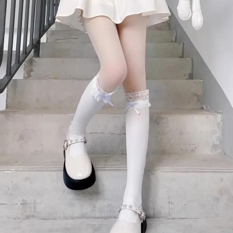 Women Lolita Lace-edge Bow Velvet Stockings Mid Leg Socks Thin Breathable Soft Cute College Style Kawaii JK Knee High Calf Socks