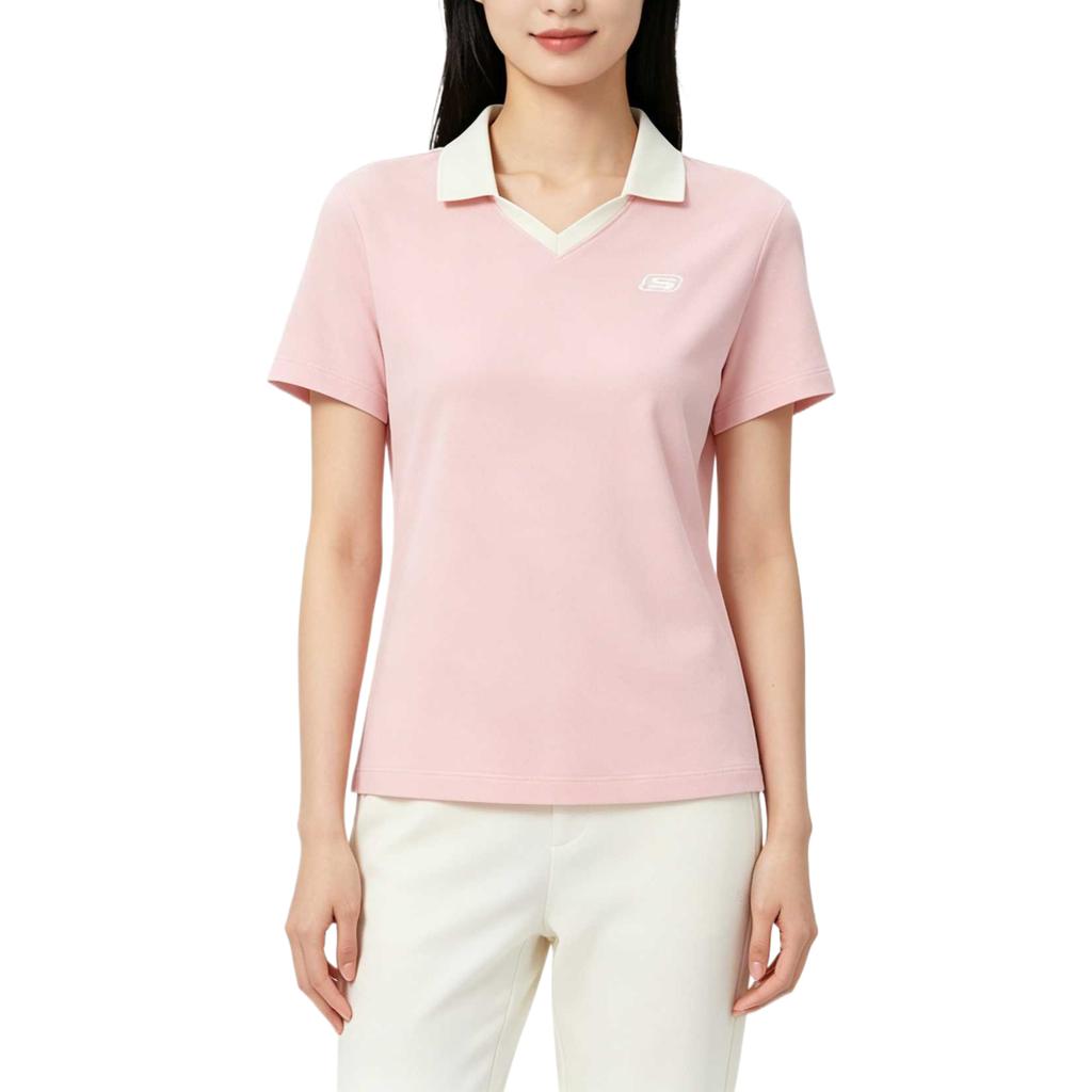 Skechers V-Neck Breathable Solid Color Polo Shirt Women Tops L226W140-01SX