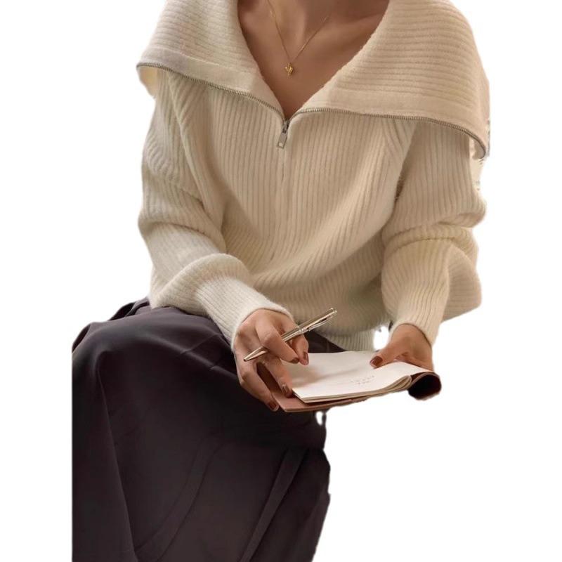 Navy Collar Zipper Sweater Jacket Female Early Spring Lazy Wind Loose Thin Knitted Cardigan Comfortable Versatile and Fashionable
