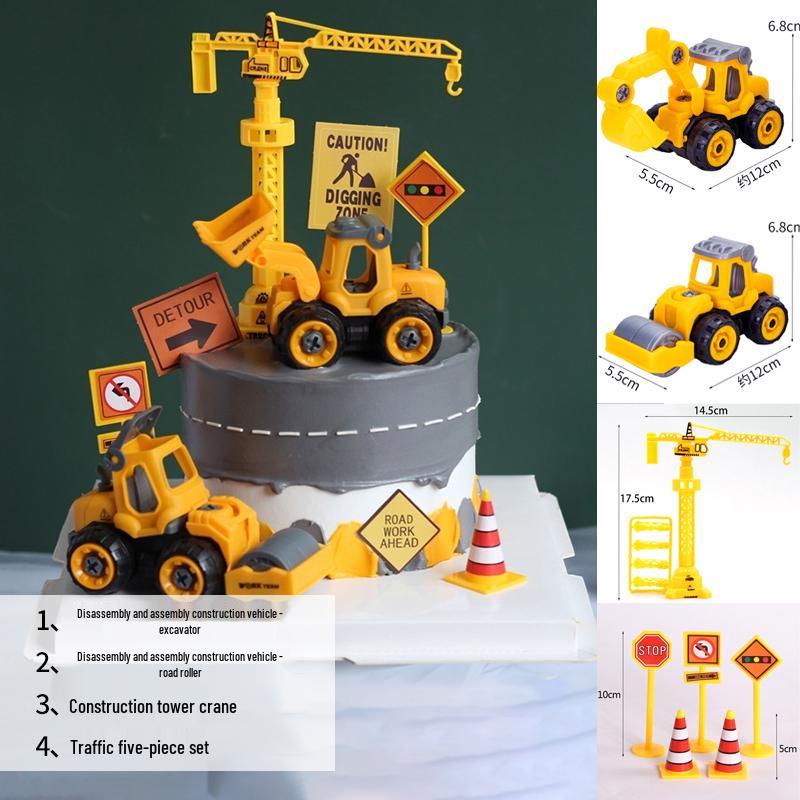 Construction Vehicle Cake Toppers: Excavator, Bulldozer, Roadblock Inserts, Figurines for Boys' Birthday