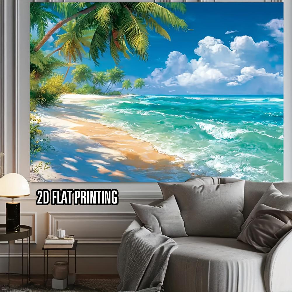 2D Plane, with a Background of Coconut Trees, Blue Sky, White Clouds and a Beautiful Ocean, Made of Polyester Fiber